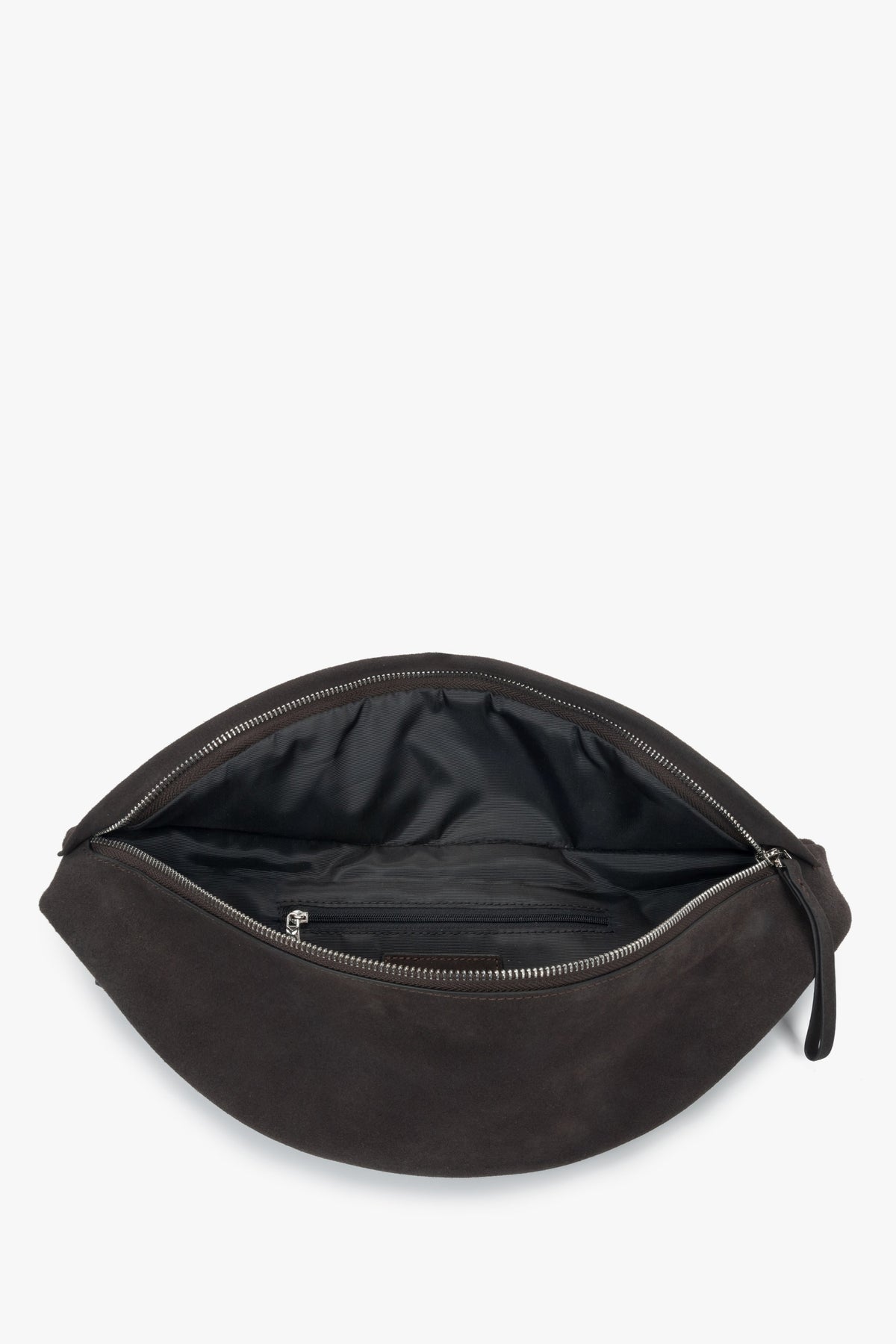 Stylish women's fanny pack made of dark brown natural velour by Estro – interior view.