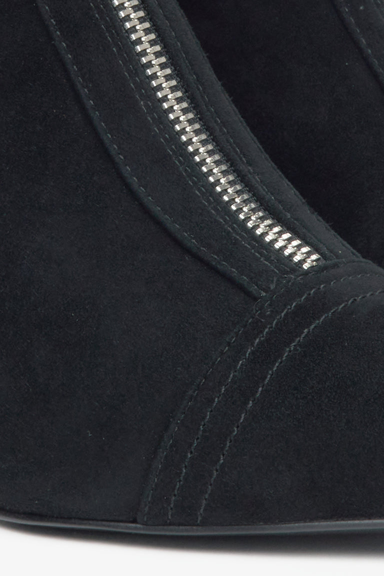 Black women's ankle boots by Estro made of natural velour with a low stiletto heel – details.