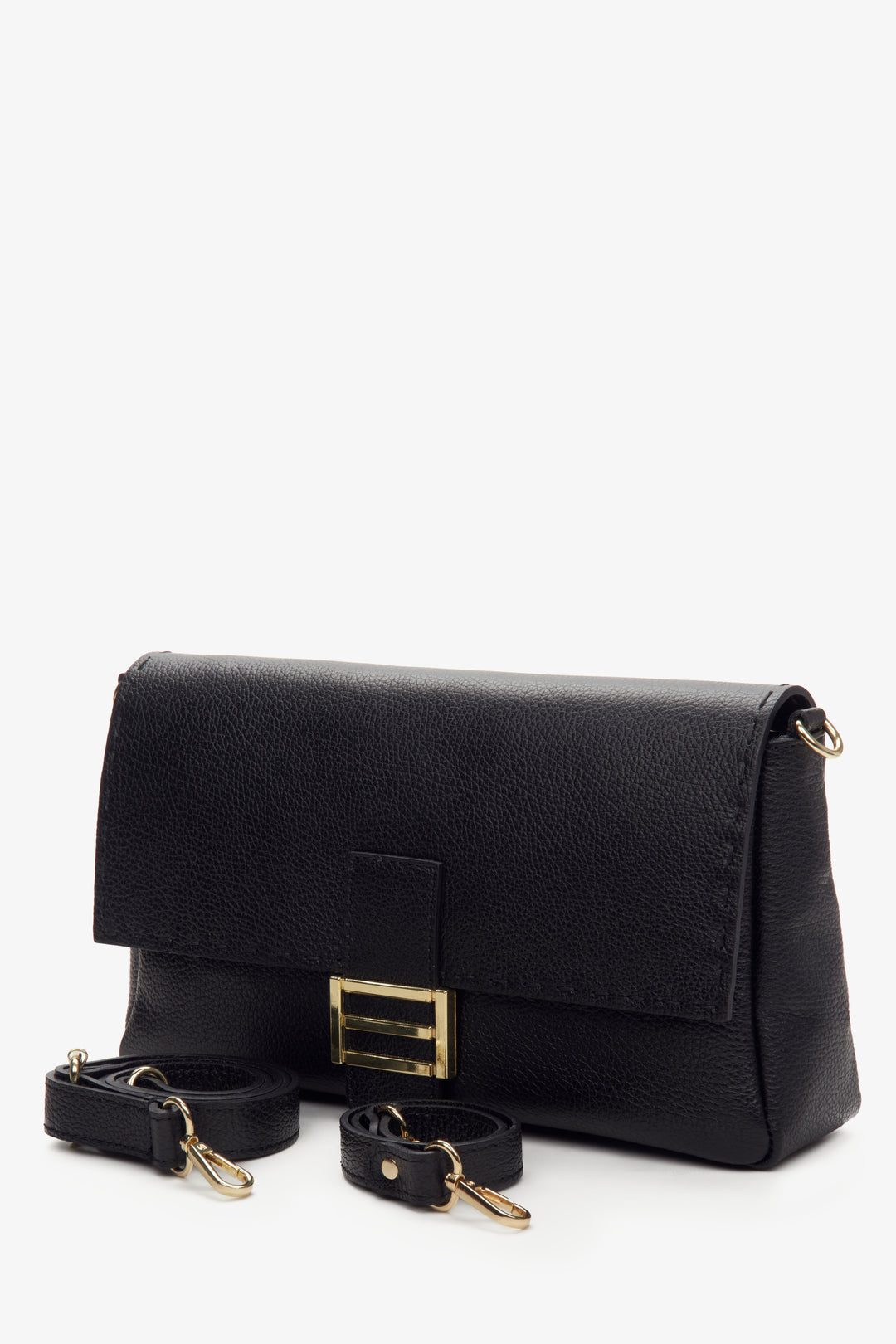 Women's black leather handbag by Estro with golden hardware.