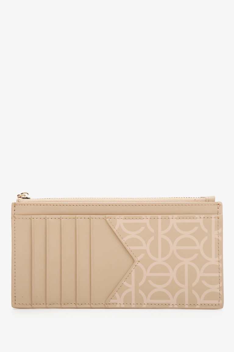 Large beige women's wristlet by Estro, made of genuine leather with golden accents - reverse side.
