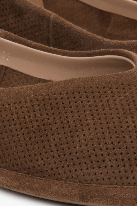 Brown velour women's ballet flats by Estro – close-up on the details.