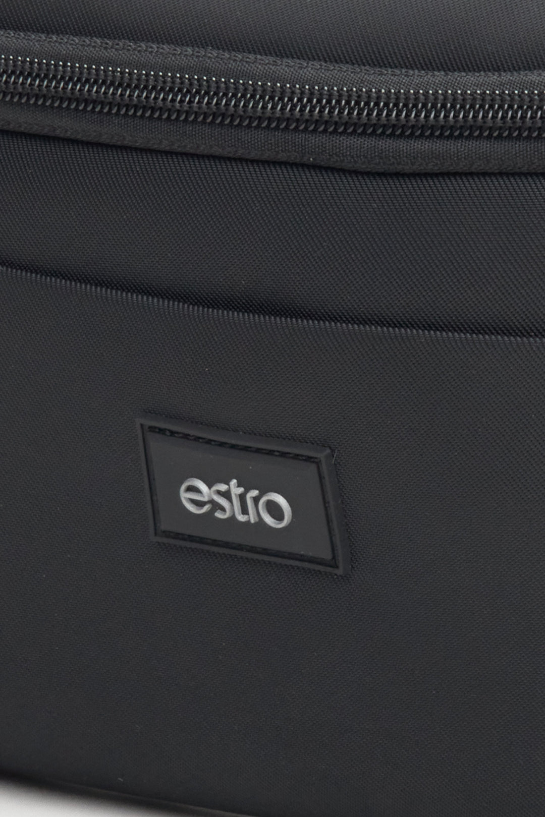 Men's black waist bag by Estro - close-up on details.