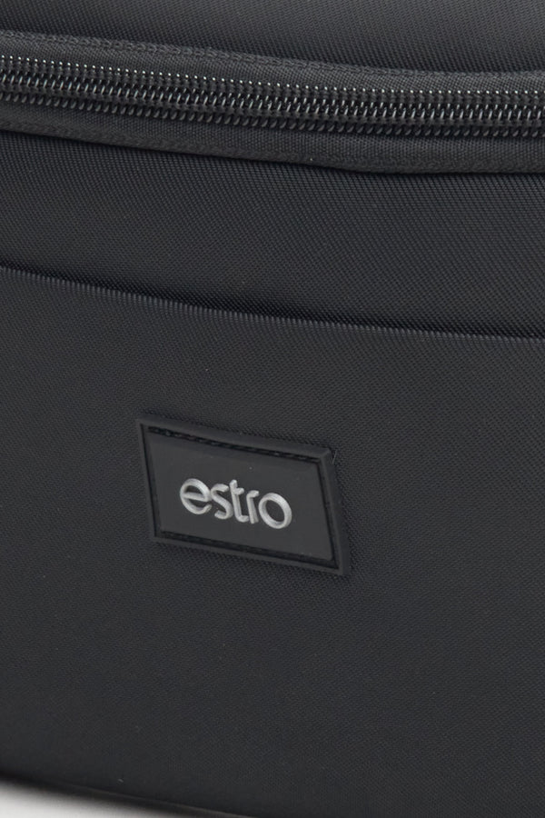 Men's black waist bag by Estro - close-up on details.