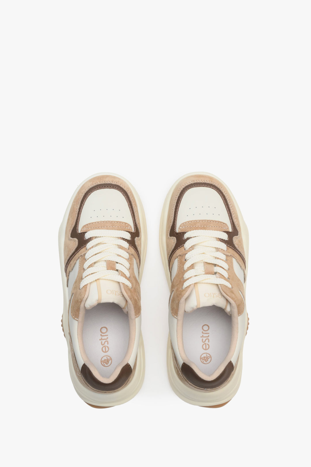 Women's beige and white casual sneakers - presentation of the footwear from above.