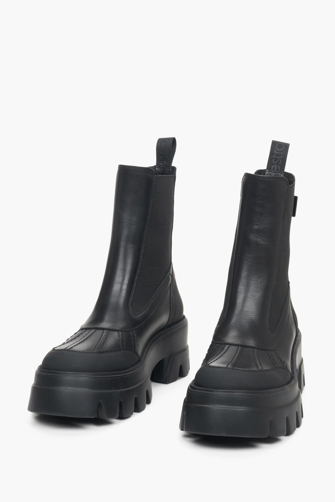 High women's black boots made of genuine leather by Estro - front part of the shoe.