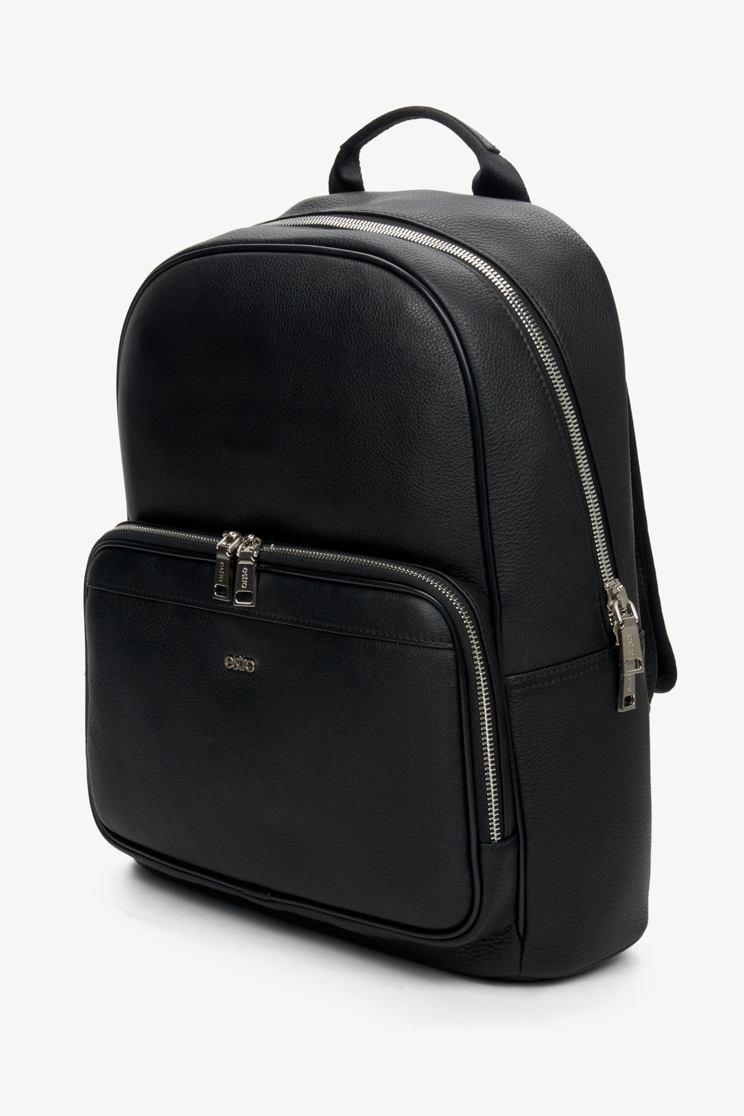 Men's black backpack made of genuine leather with silver details by Estro.