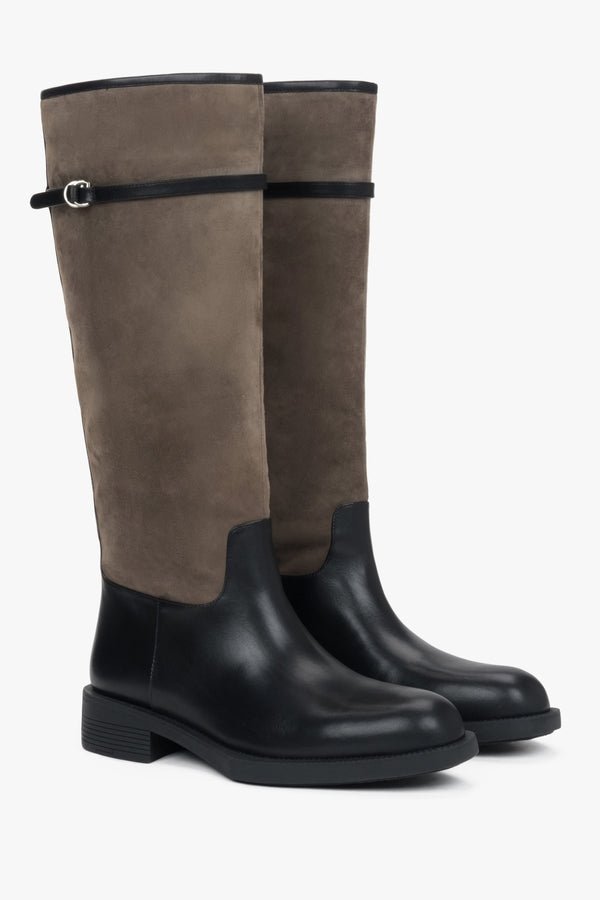 Women's boots in beige and black, crafted from a combination of natural leather and velour, from Estro.