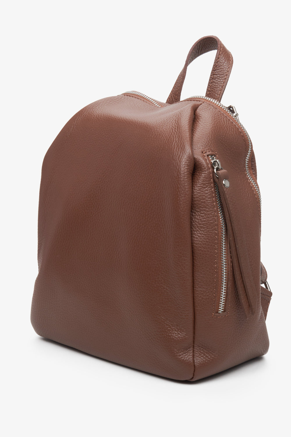 Women's brown leather backpack with silver accents for fall.