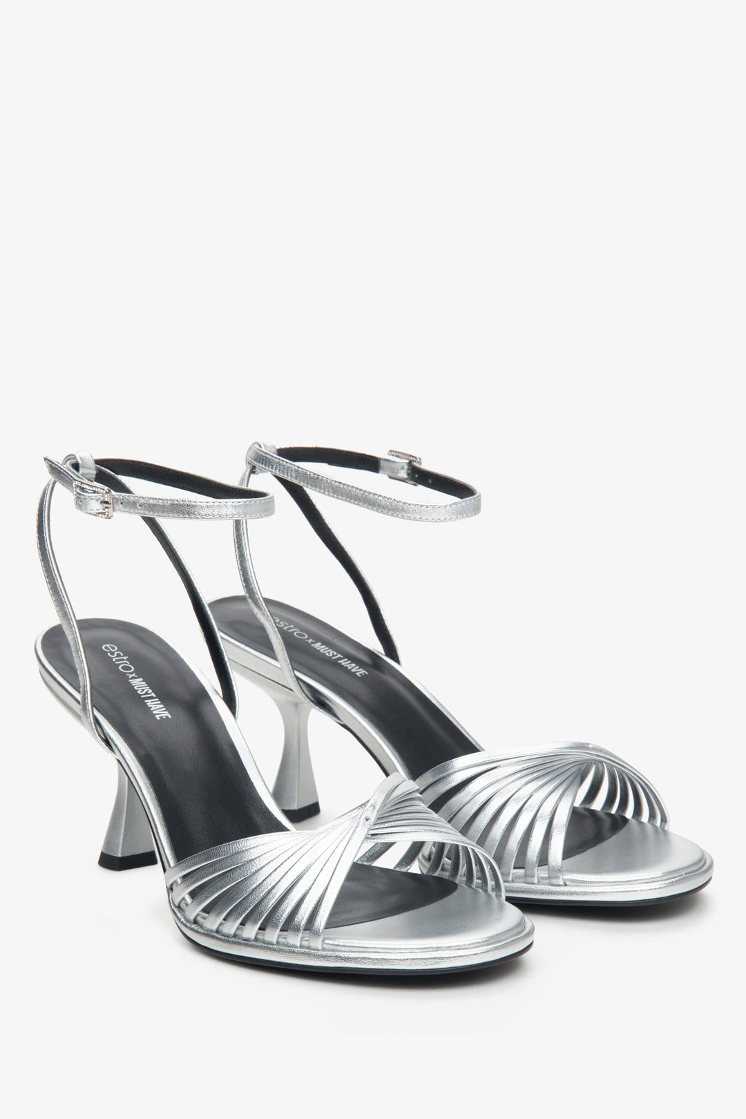 Estro x MustHave silver women's sandals with stiletto heels.
