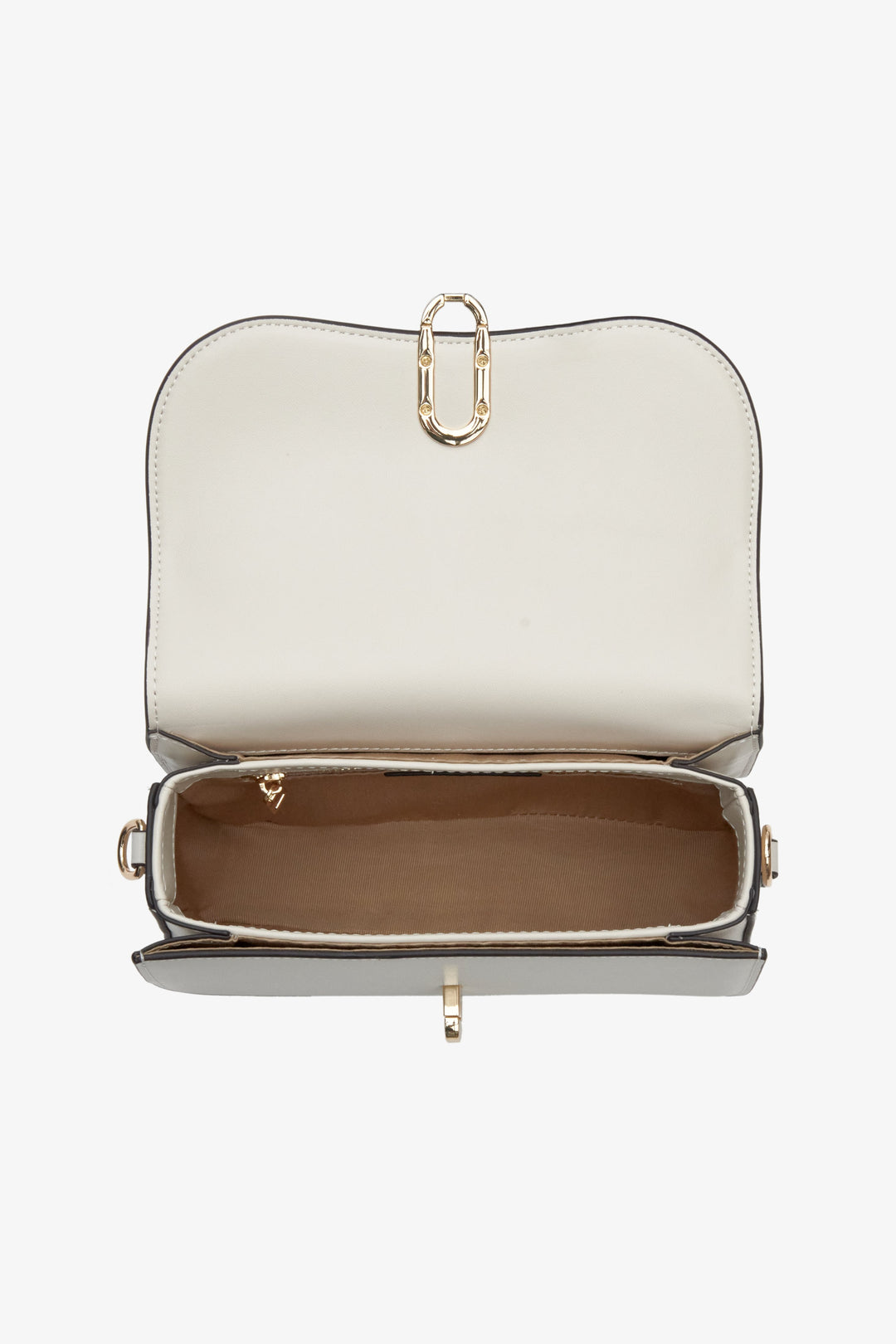 Stylish, white women's handbag Estro made of genuine leather - close-up on details.