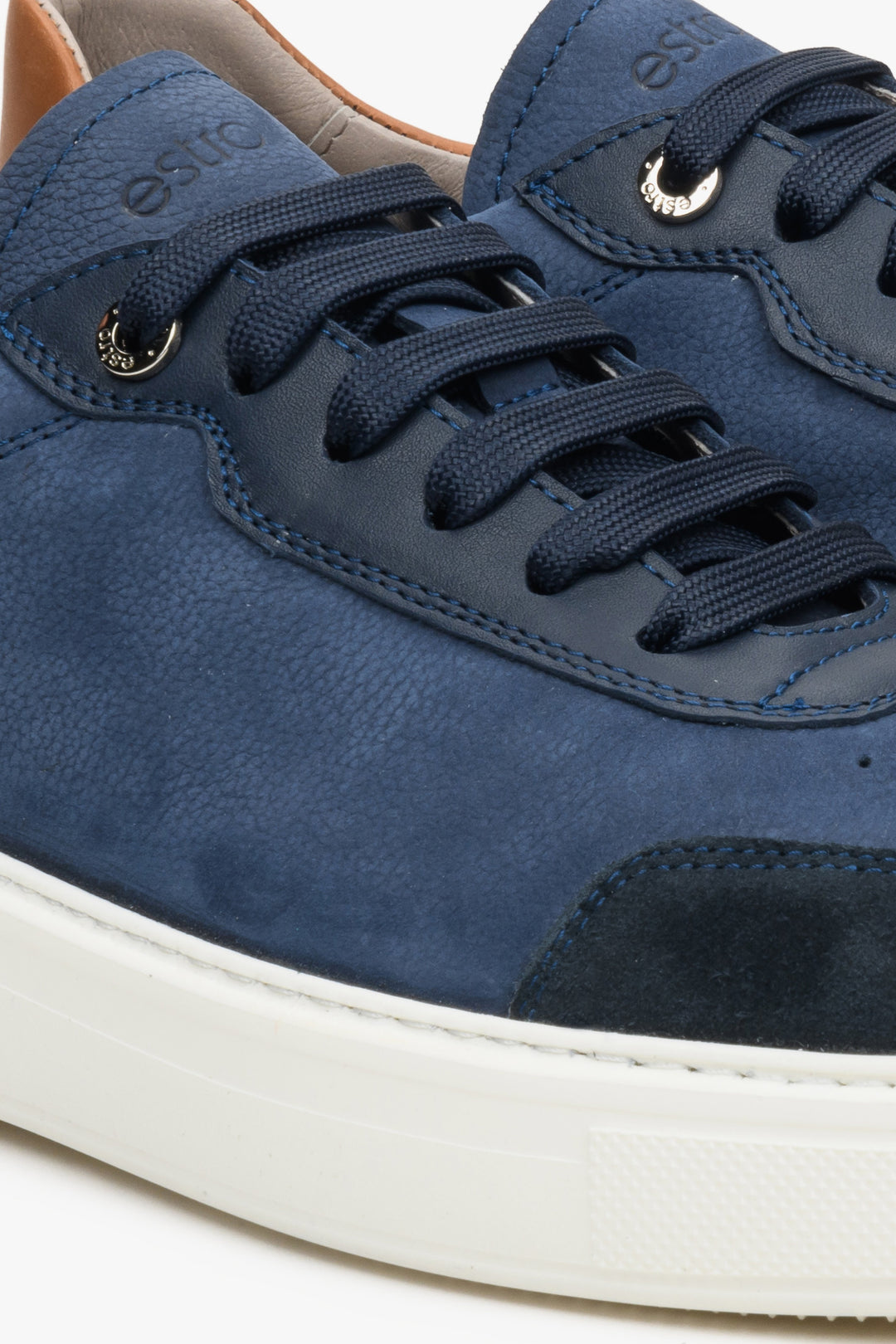 Estro men's blue and brown nubuck and leather lace-up Estro sneakers - close-up of the binding system.