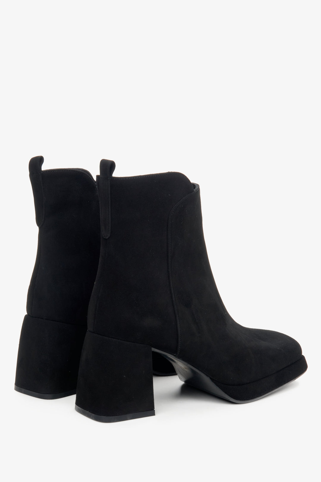 Women's black velour Estro boots - close-up on the side line and heel.