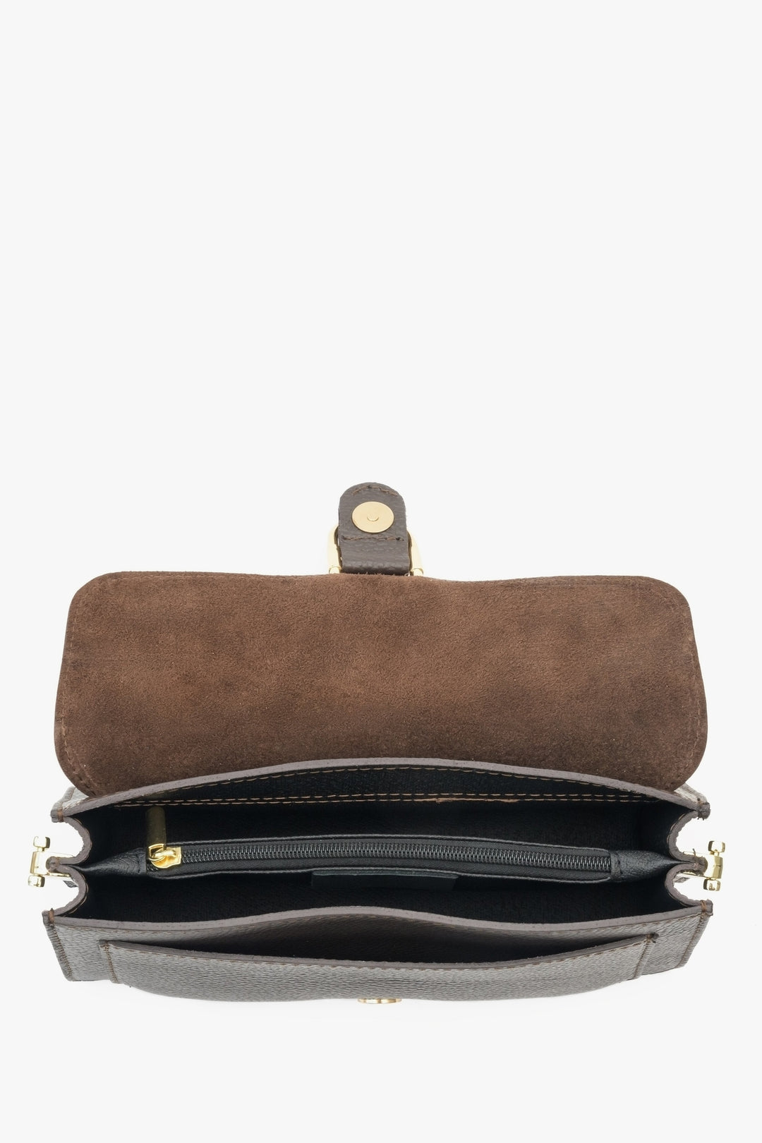 Women's small leather handbag in dark brown color - presentation of the lining of the bag.