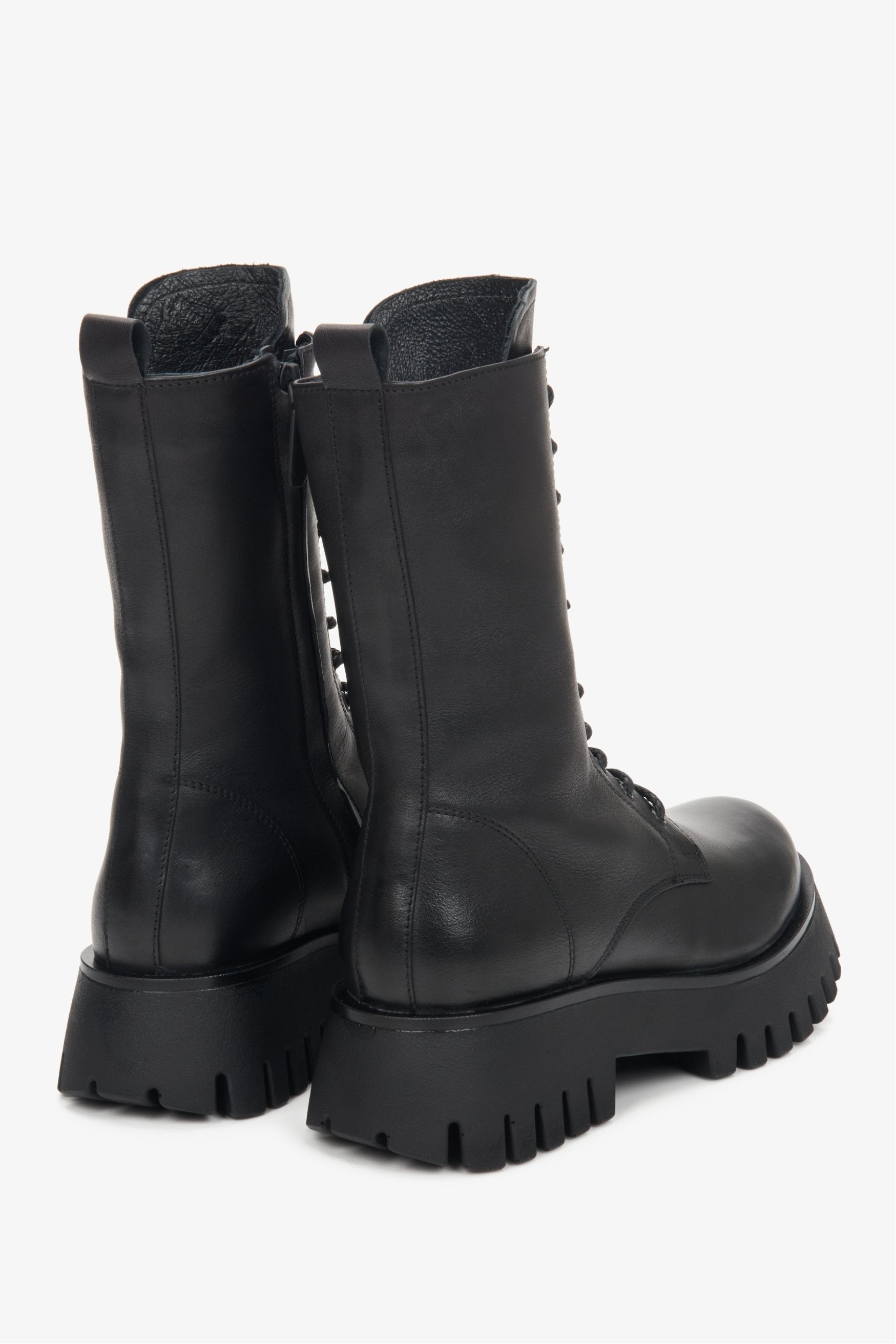 Women's black high lace-up boots by Estro - close-up on the back of the shoe.