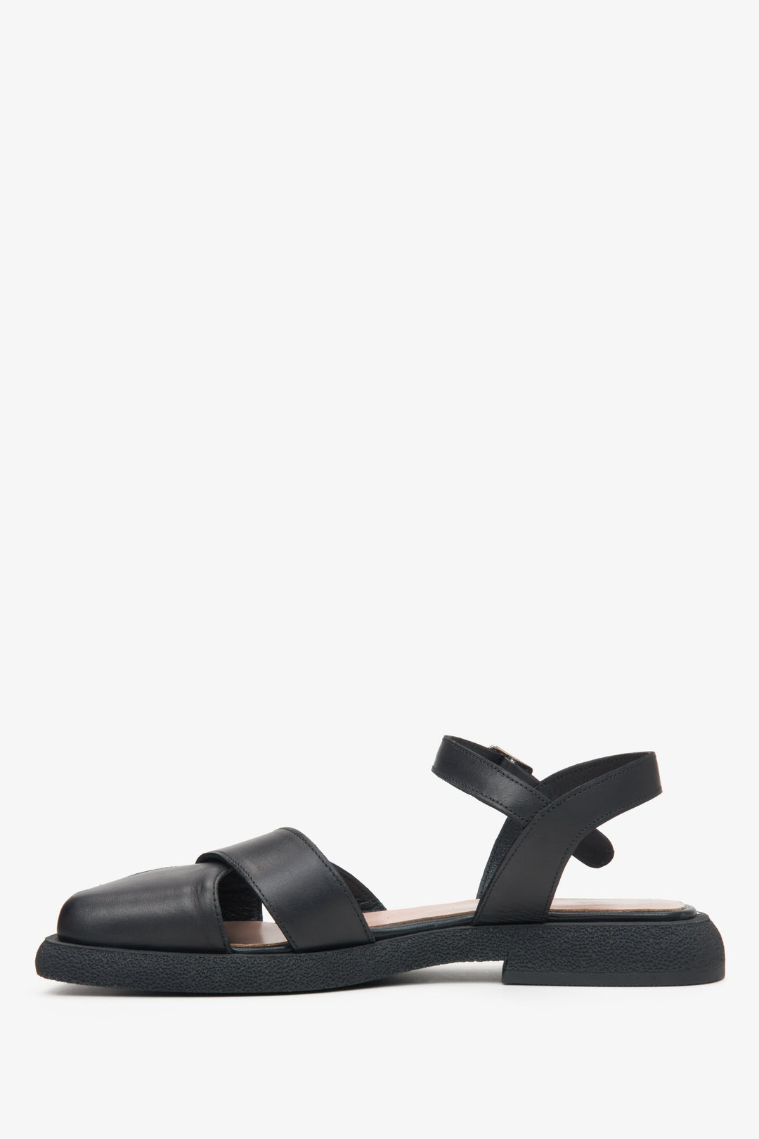 Women's black leather sandals by Estro - shoe profile.
