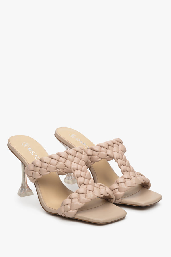 Beige leather women's mules on a funnel heel, Estro brand.