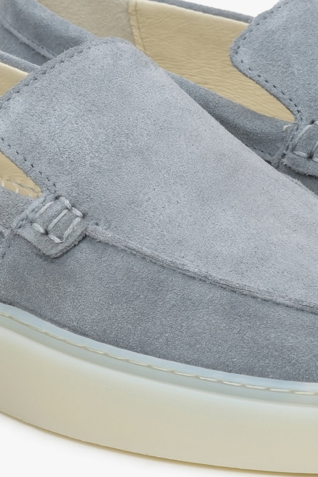 Grey velour women's loafers - a close-up on details.