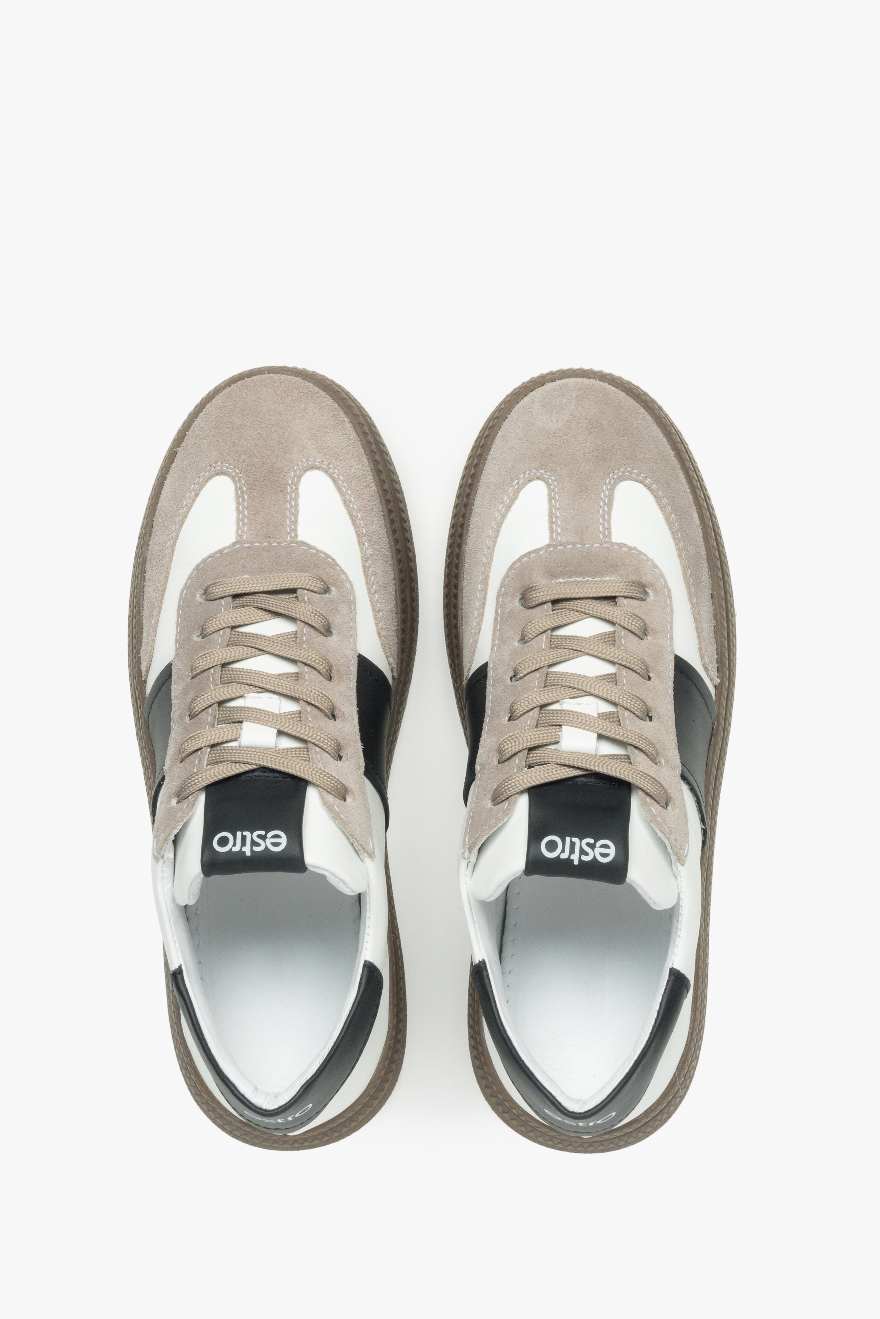 Elegant white and gray sneakers for women made of natural velour and leather Premium Estro.