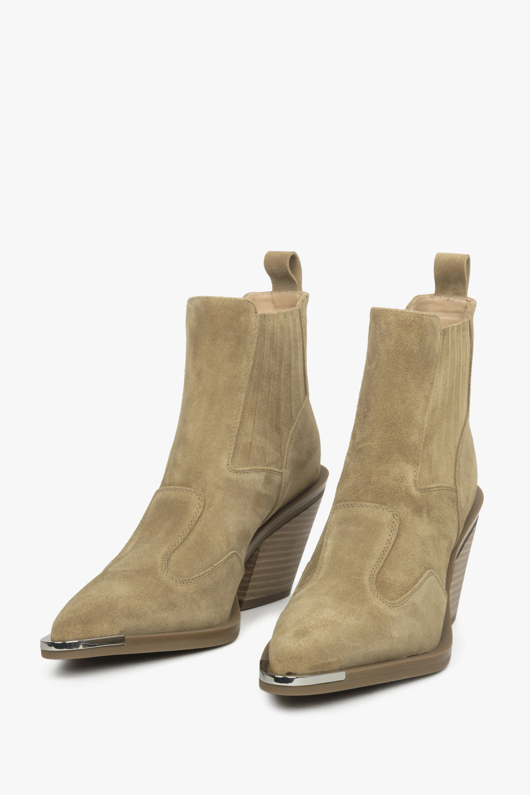 Beige women's cowboy boots by Estro - front view.