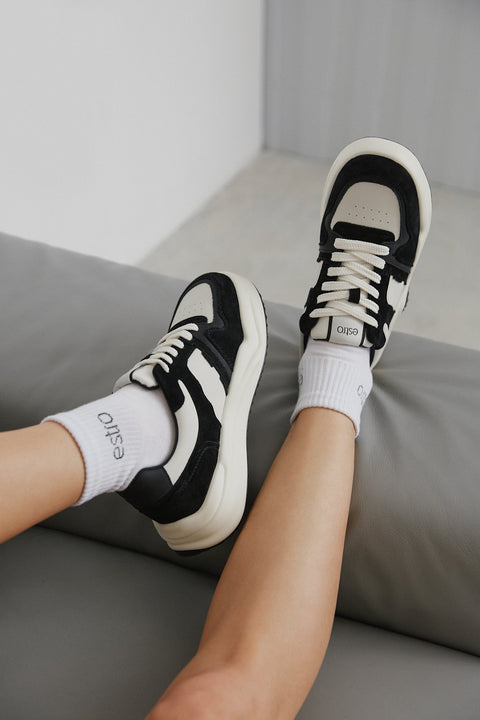 Women's Black & White Velour & Leather Low-Top Sneakers Estro ER00112594