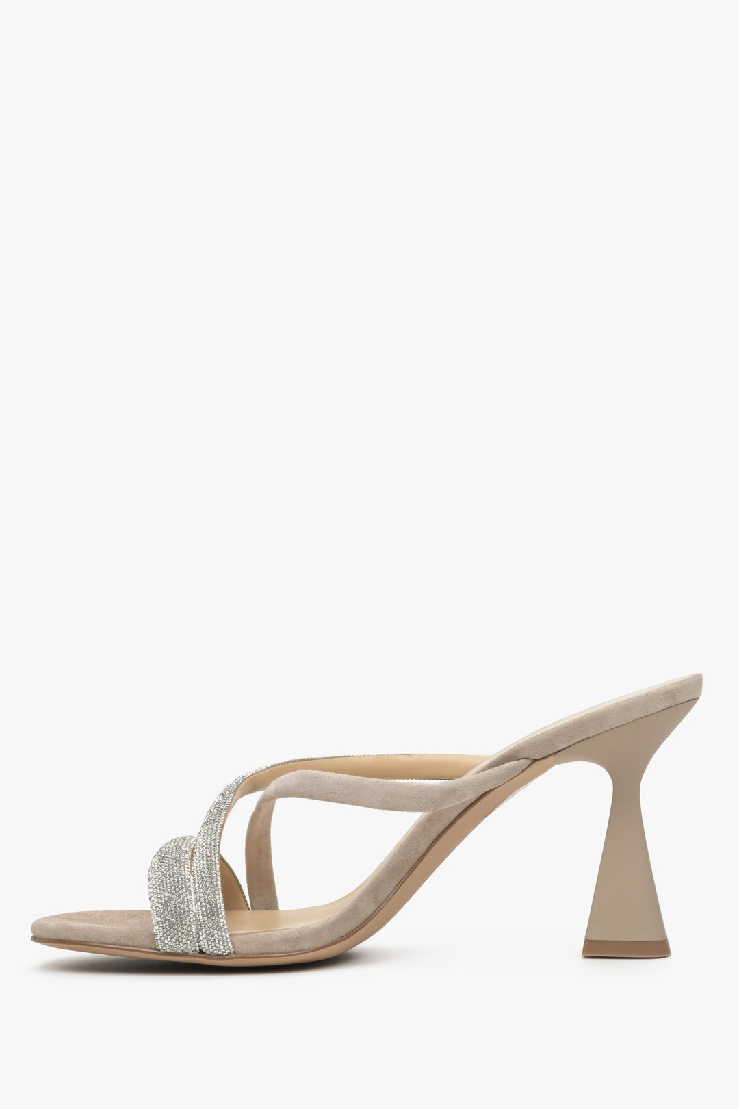 Women's beige velour sandals on a funnel heel - shoe profile.