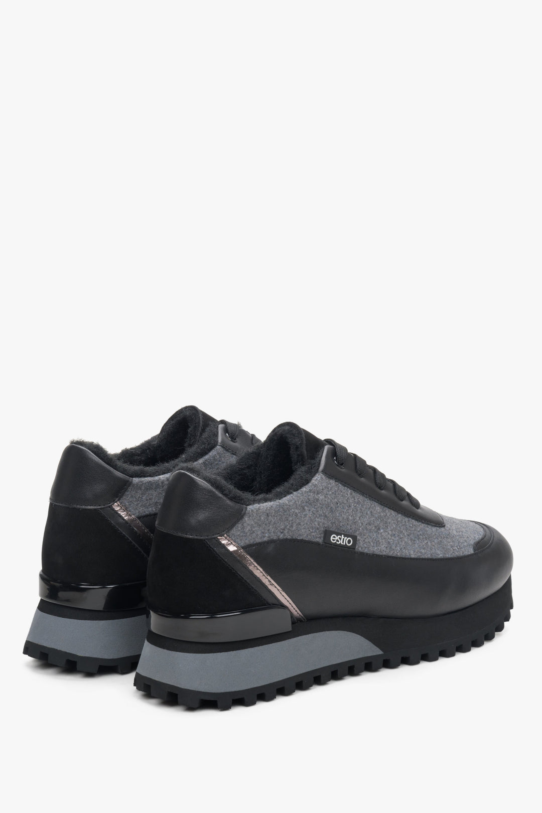 Women's black and grey leather-textile winter sneakers by Estro - close-up on the side line and heel.