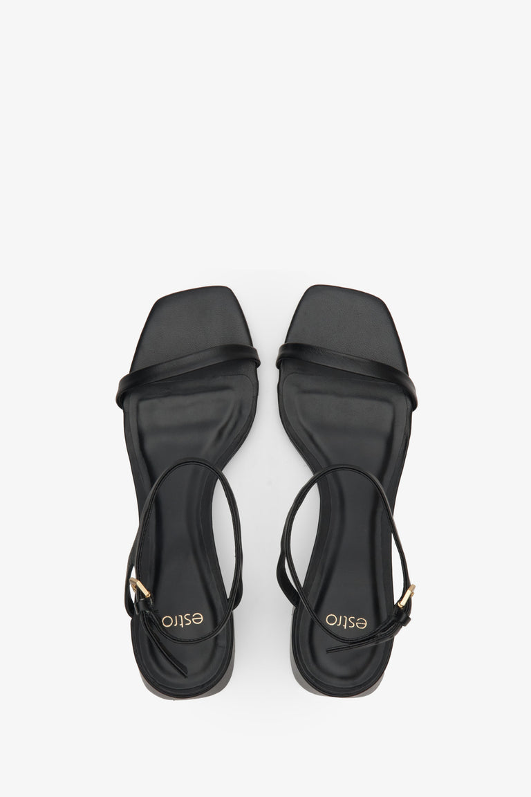 Women's black sandals made of genuine leather by Estro - top view presentation of the model.