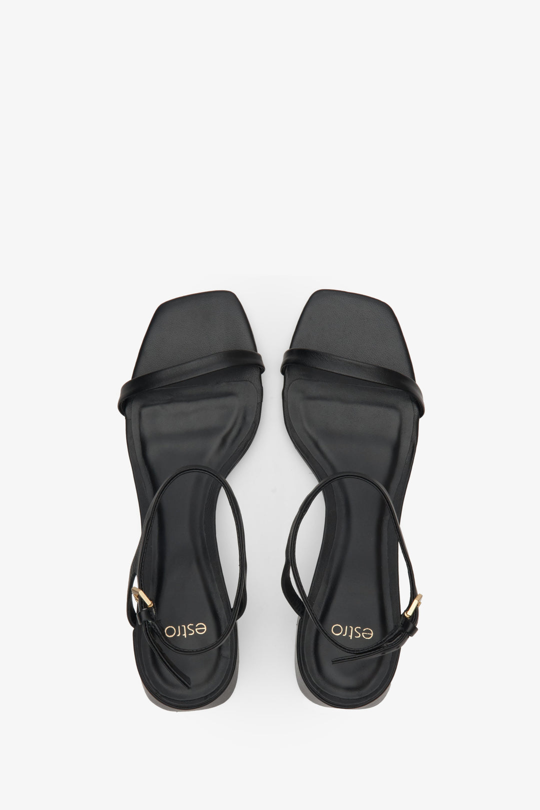 Women's black sandals made of genuine leather by Estro - top view presentation of the model.