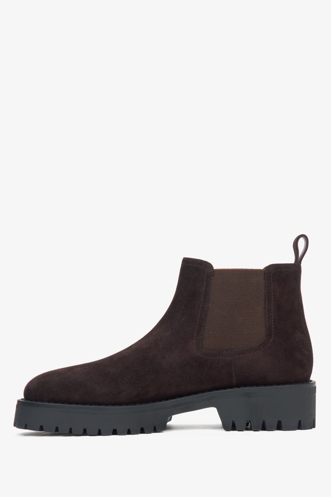 Estro dark brown low-top Chelsea boots for women made of genuine velour - side view of the shoe.