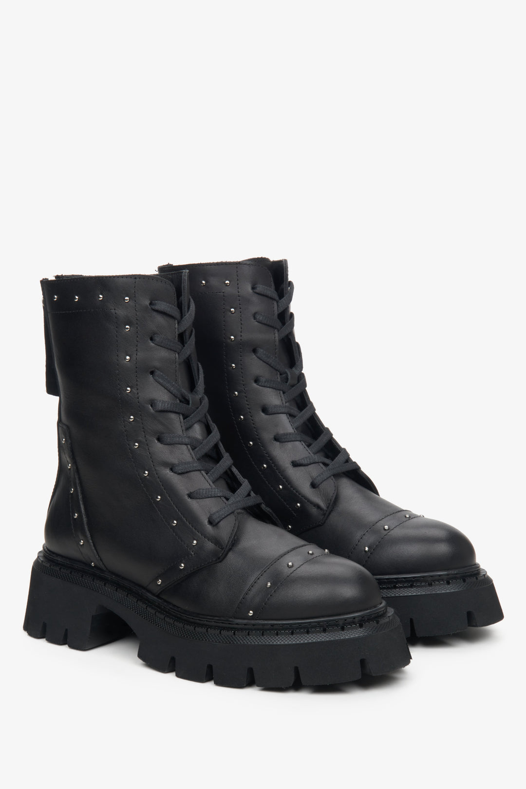 Women's Black Leather Ankle Boots with Decorative Studs Estro ER00114046