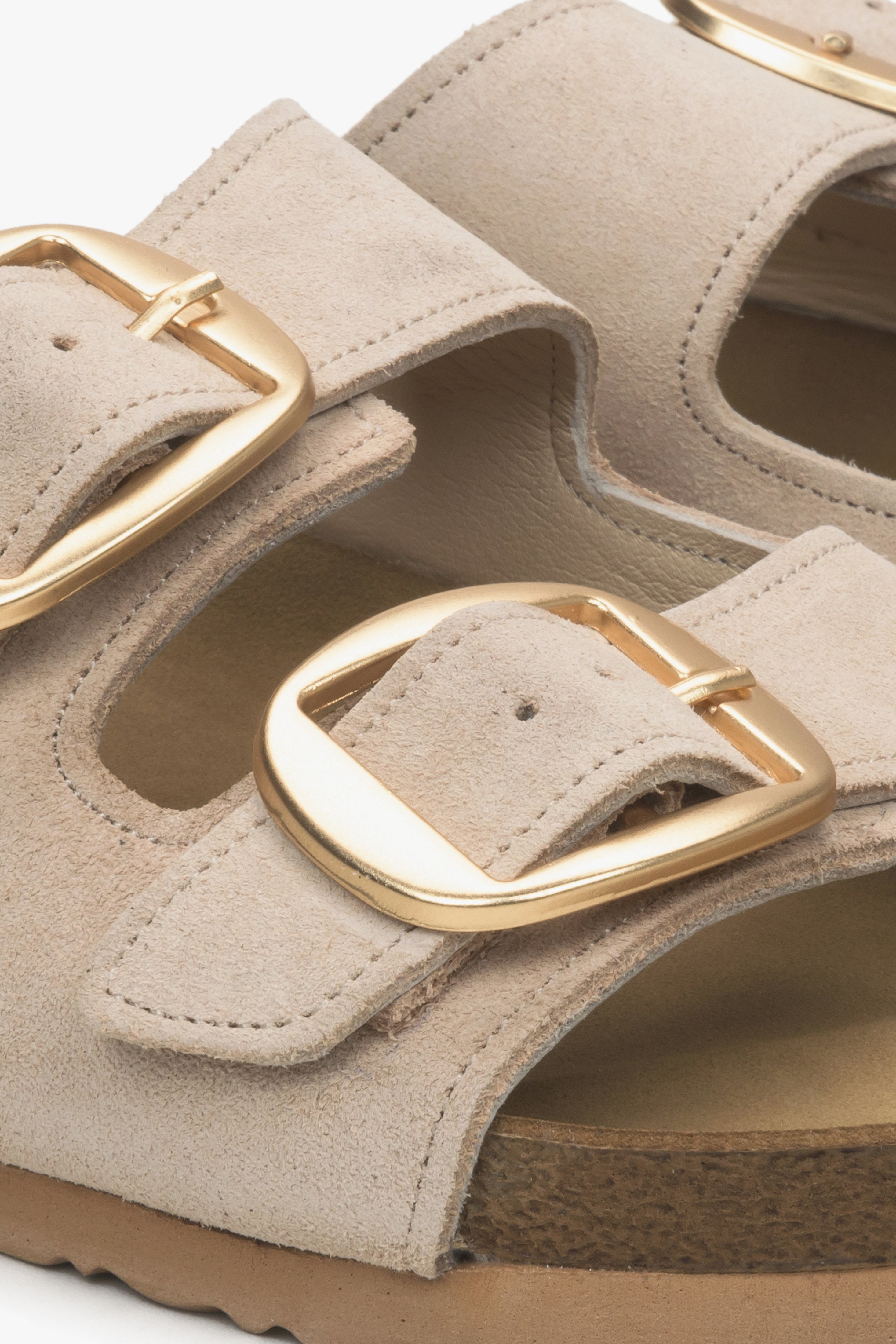 Women's beige  Estro sandals - close-up detail.