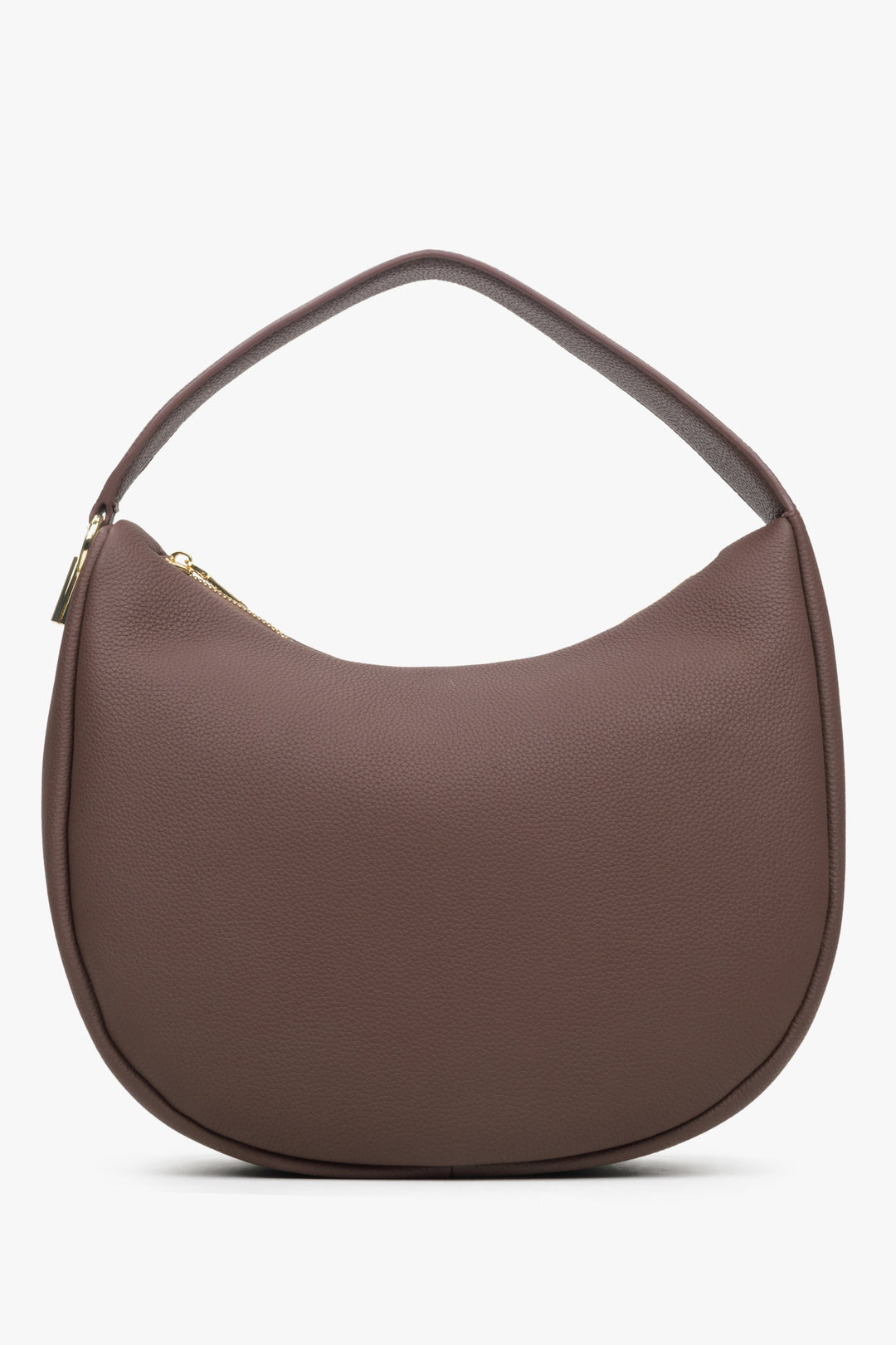 Women's leather crescent-shaped handbag in brown by Estro.