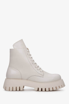 Women's beige leather boots - shoe profile.