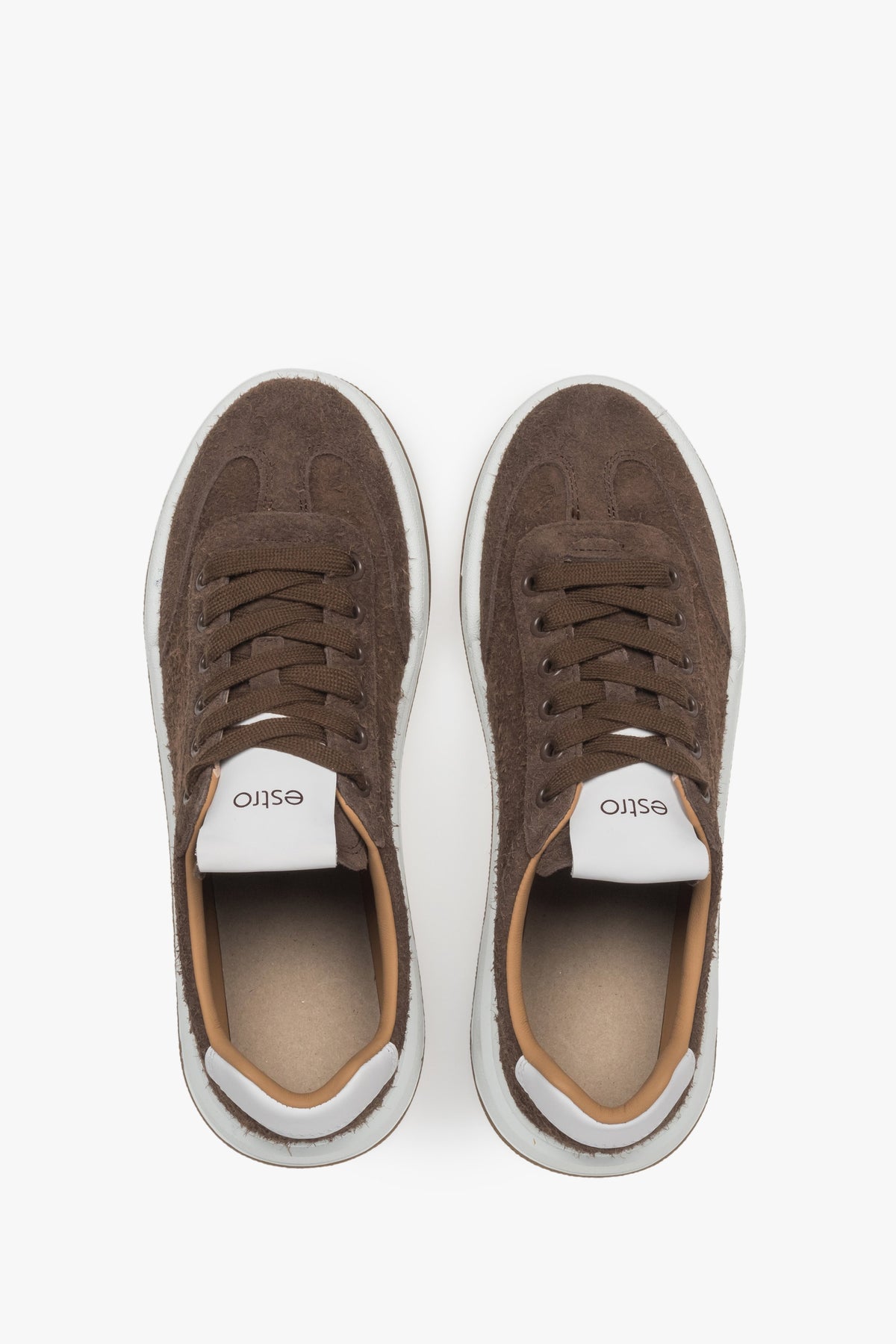 Brown genuine velour women's sneakers - top view.