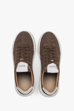 Brown genuine velour women's sneakers - top view.