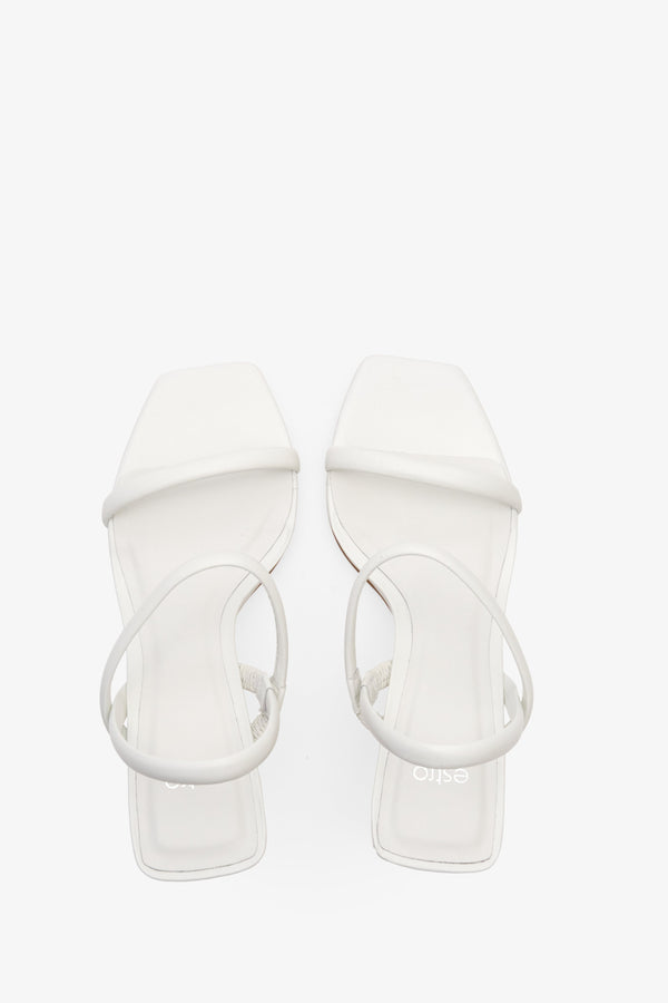 Leather, women's white sandals with a stable heel by Estro - top view model presentation.