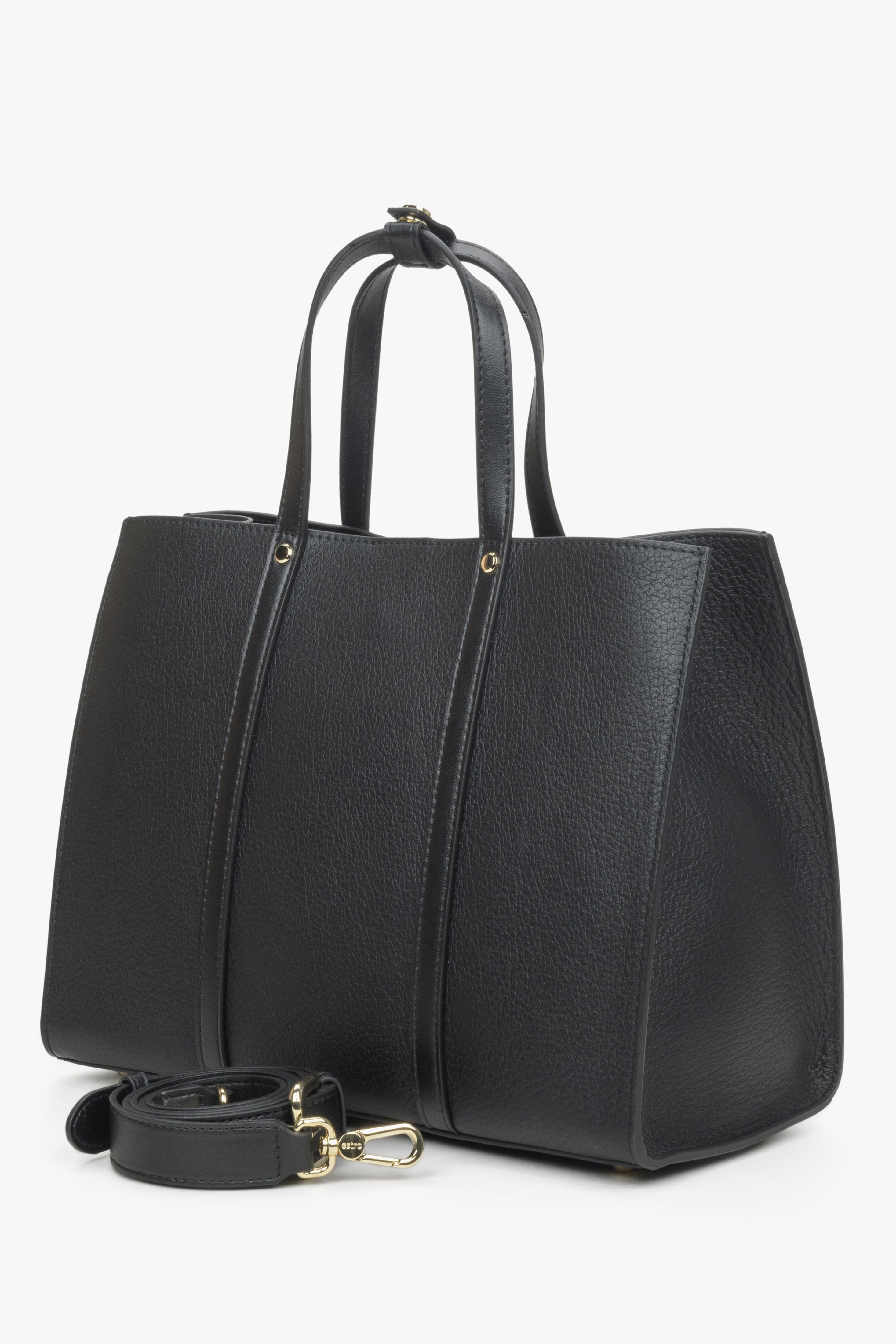 Spacious black leather shopper bag for women with additional adjustable strap.