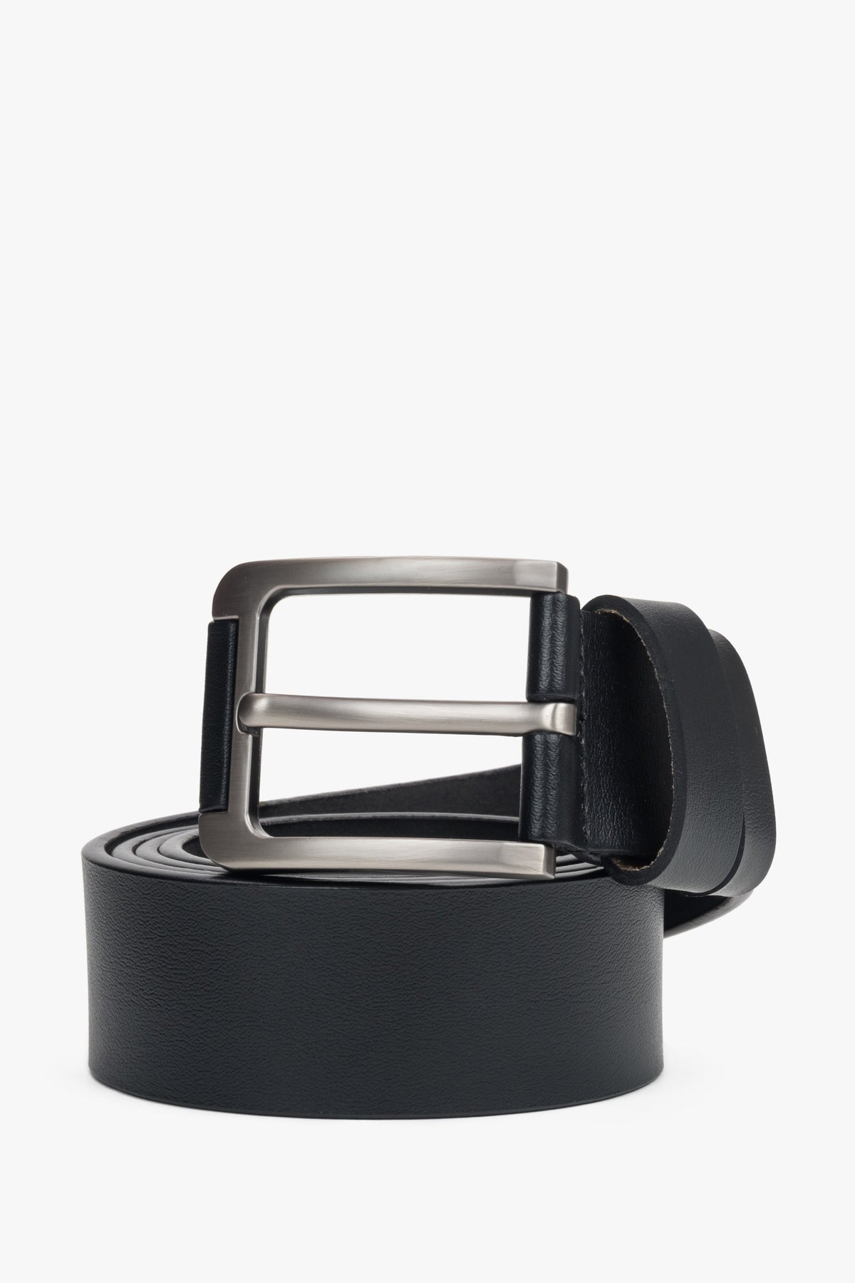 Stylish black men's belt by estro, crafted from high-quality genuine leather, featuring silver hardware that adds a modern touch
