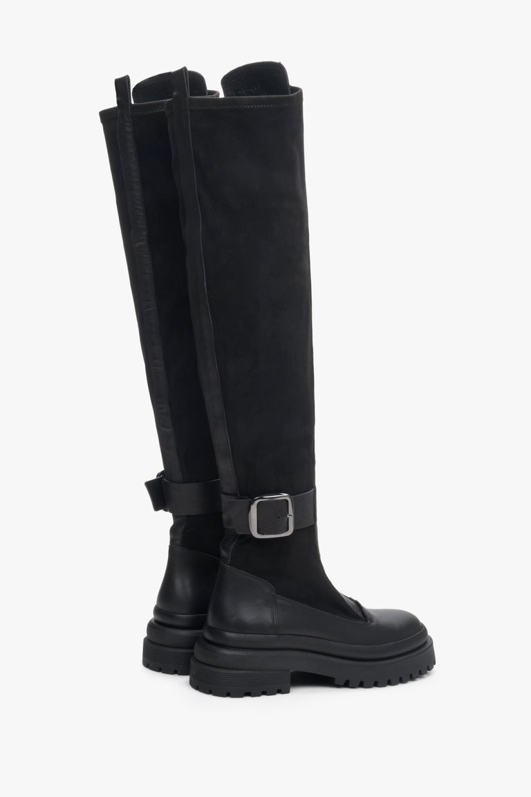 Black leather and velour knee-high boots - presentation of shoe sideline.