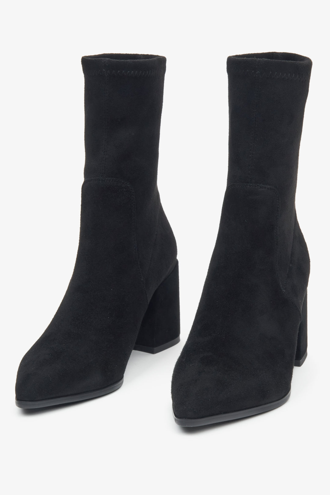 Black women's ankle boots made of genuine velour with an elastic upper and block heel by Estro - front view.