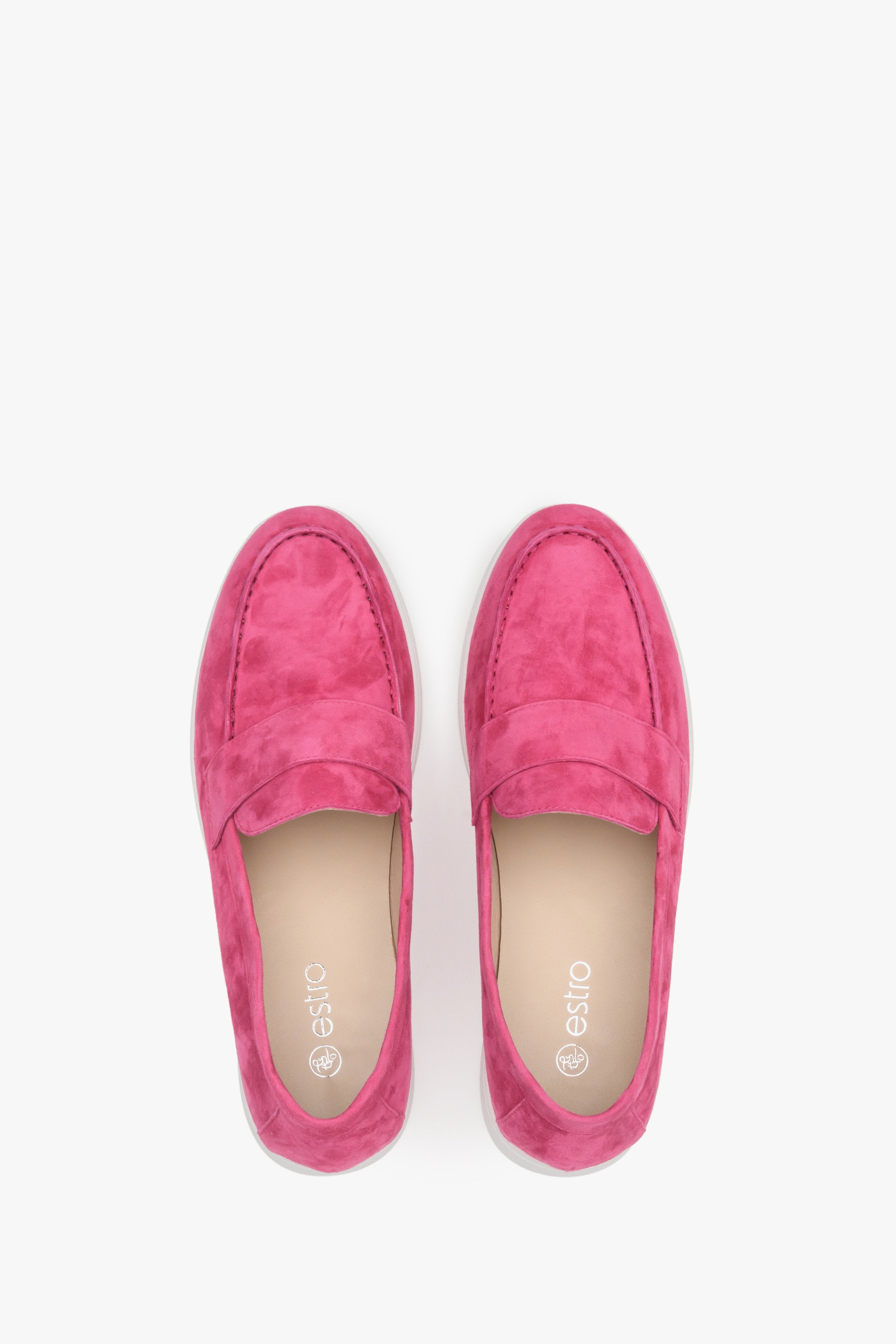 Women's pink Estro moccasins for fall, made of genuine velour - presentation of footwear from above.