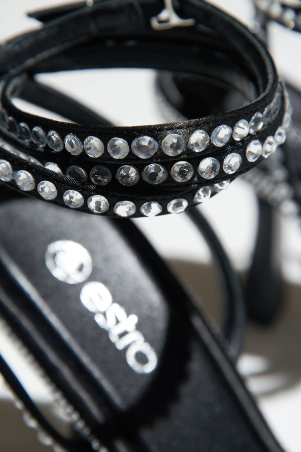 Women's Black Rhinestone-Embellished Heeled Sandals - close-up on details.