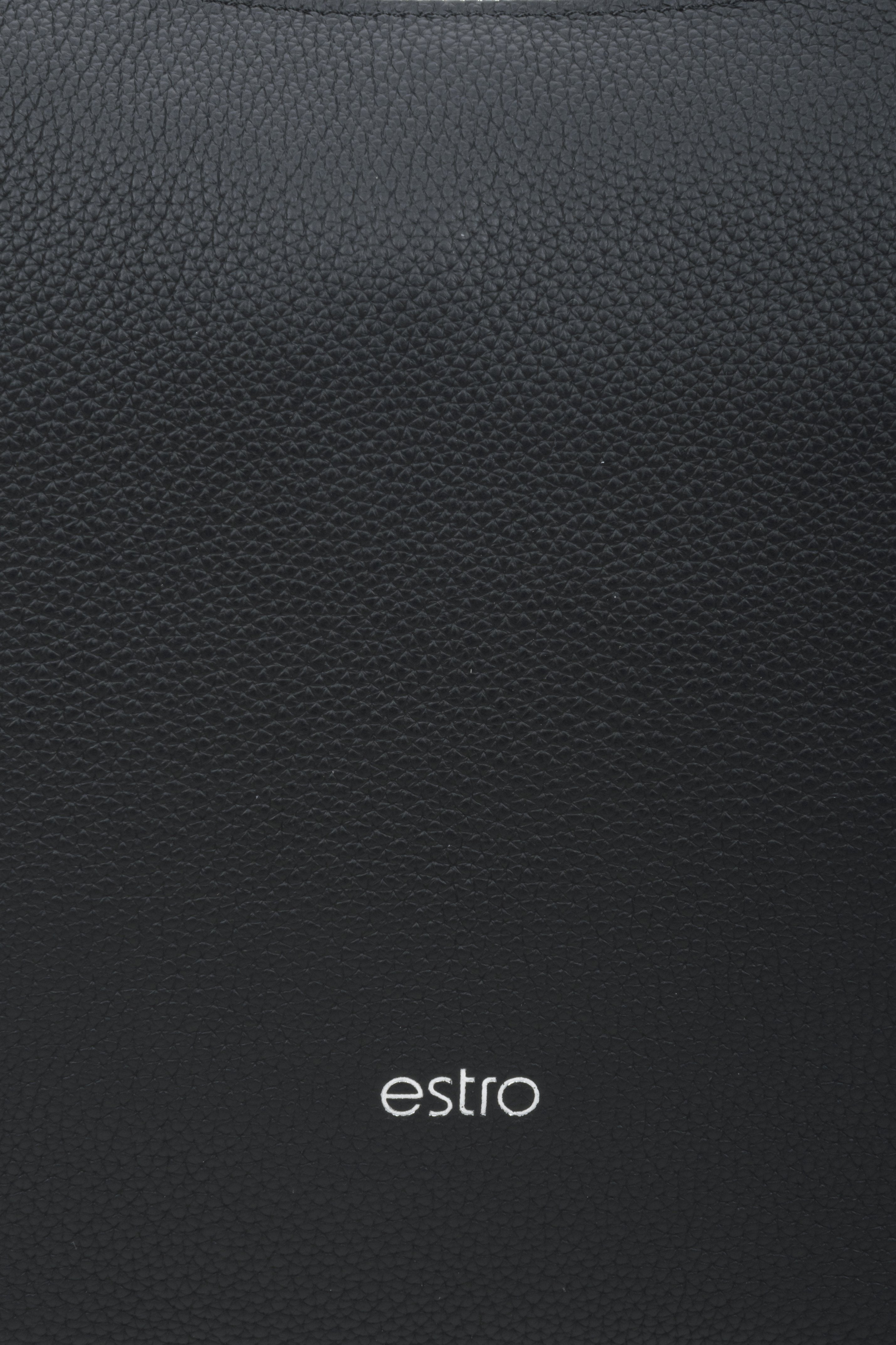 Women's black Estro crescent-shaped handbag made of genuine leather - close-up on the details.