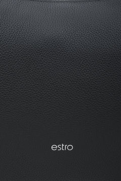 Women's black Estro crescent-shaped handbag made of genuine leather - close-up on the details.