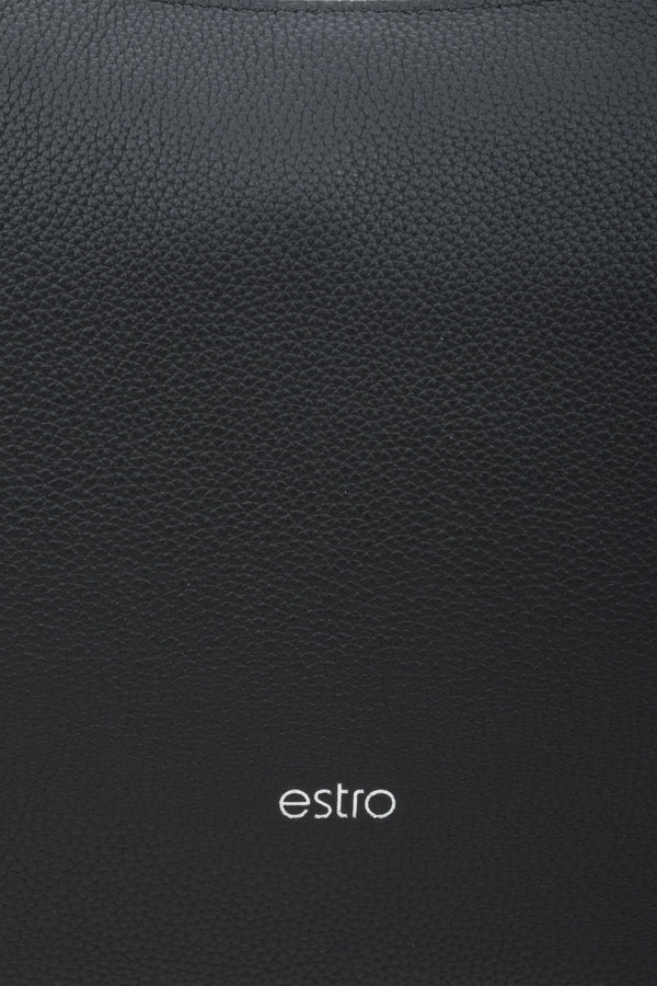 Women's black Estro crescent-shaped handbag made of genuine leather - close-up on the details.