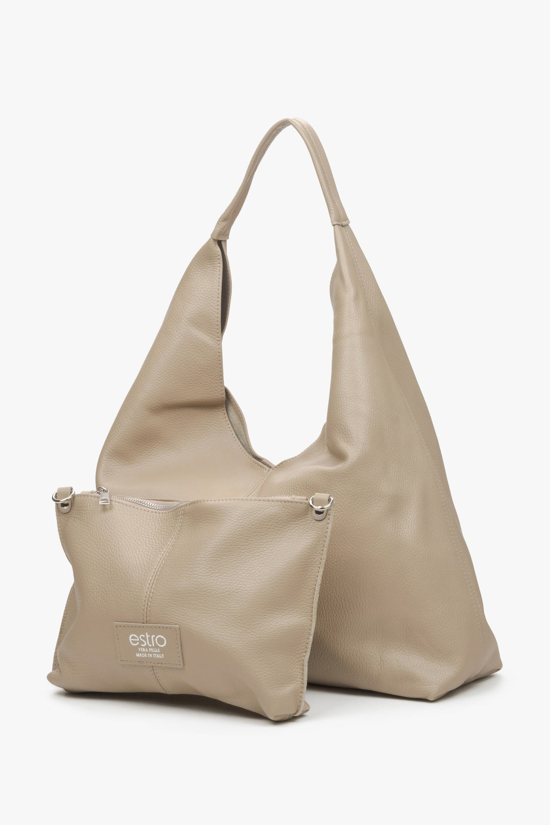 Women's sand beige hobo bag with zipped makeup bag.