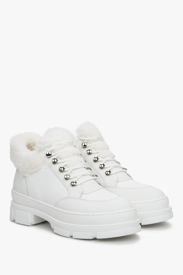Women's White Lace-Up Ankle Boots for Winter with Genuine Fur
