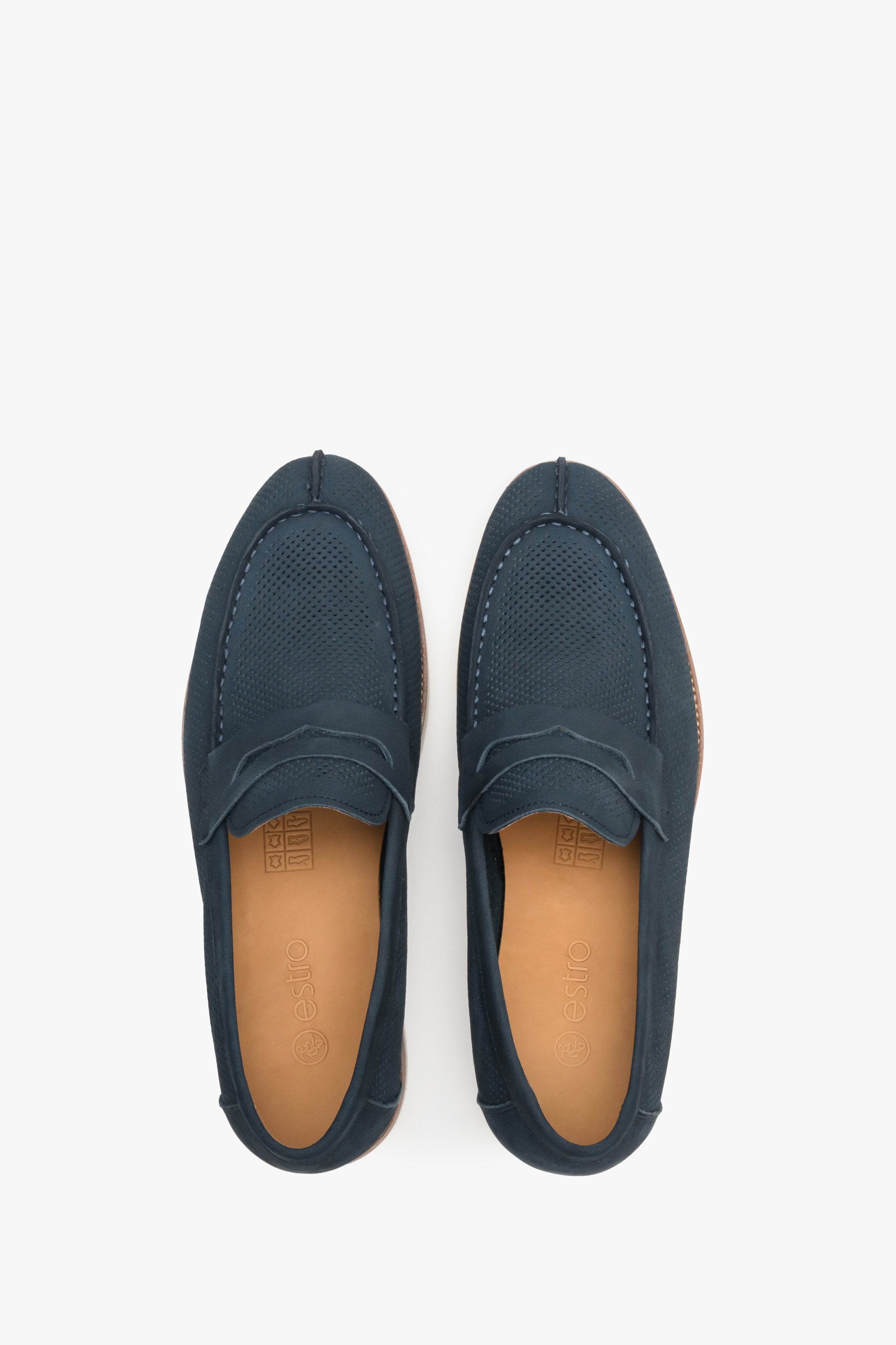 Navy blue nubuck men's loafers for fall and spring - top view model presentation.