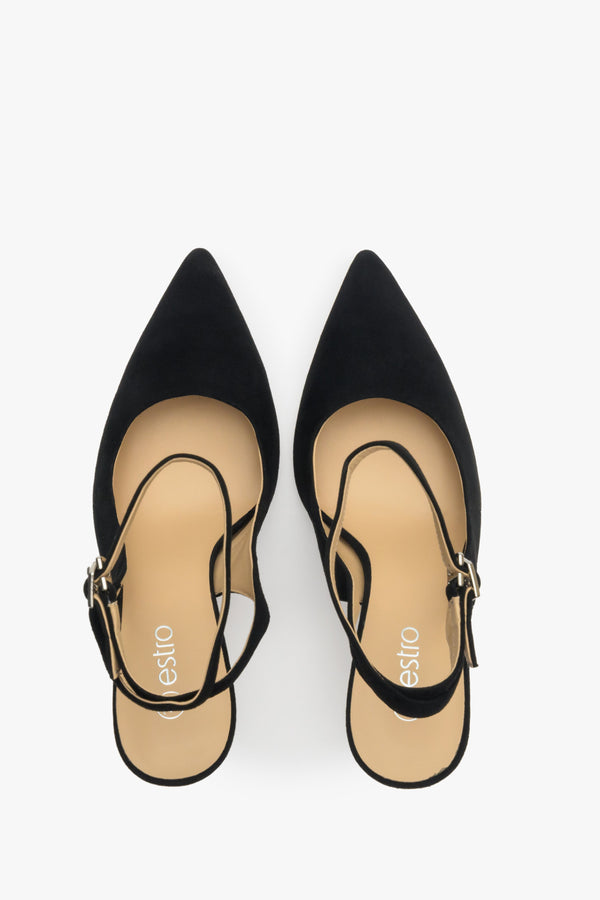 Women's black slingback pumps with a funnel heel by Estro - presentation of the shoe from above.