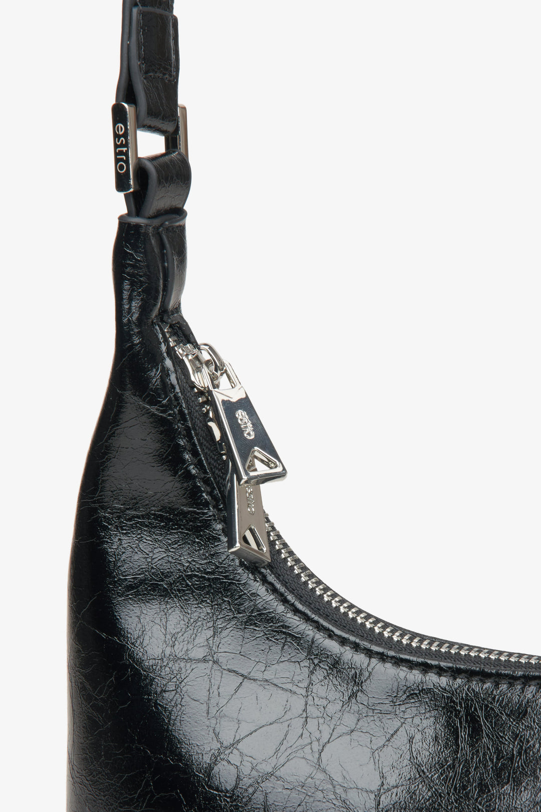Women's black handbag - a close-up on details.